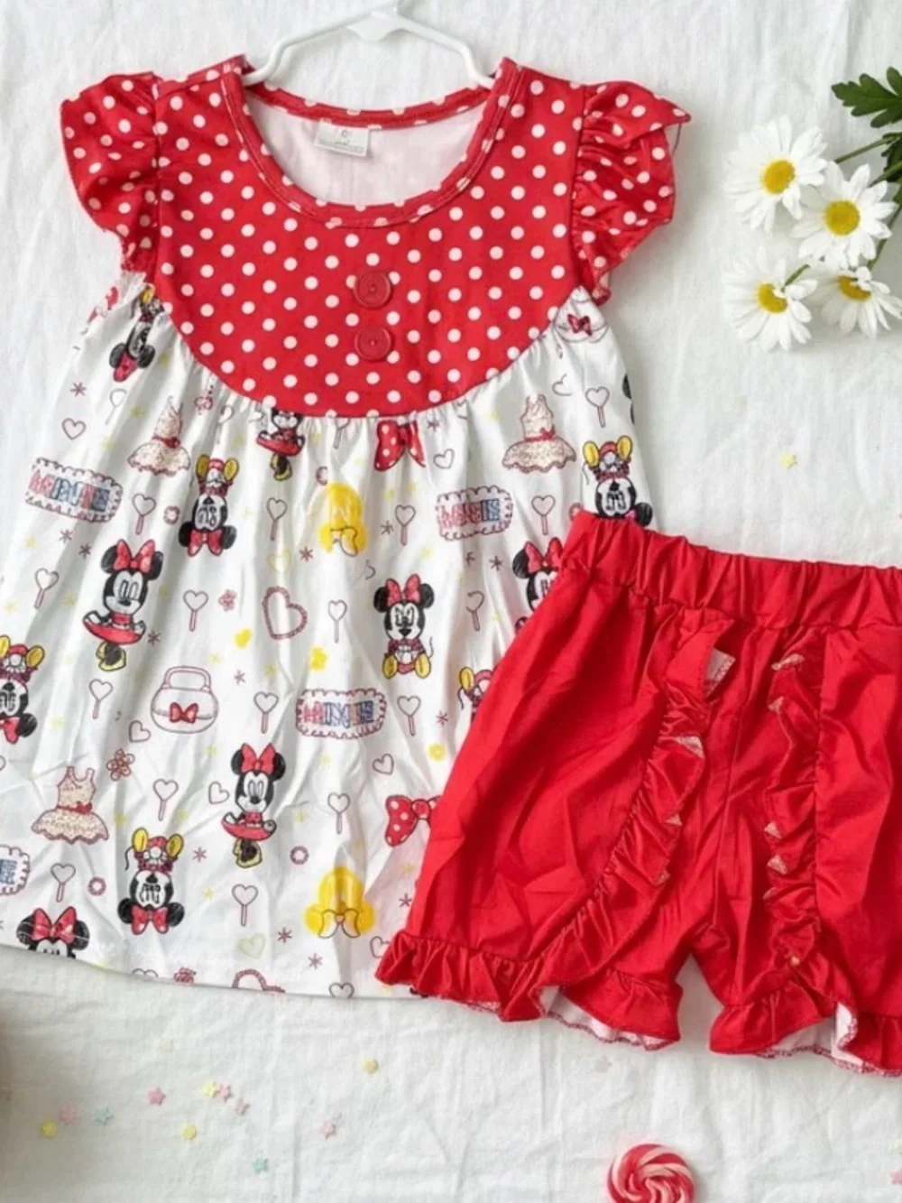 Girls Red Minnie Mouse Polka Dot Top & Ruffle Shorts Set